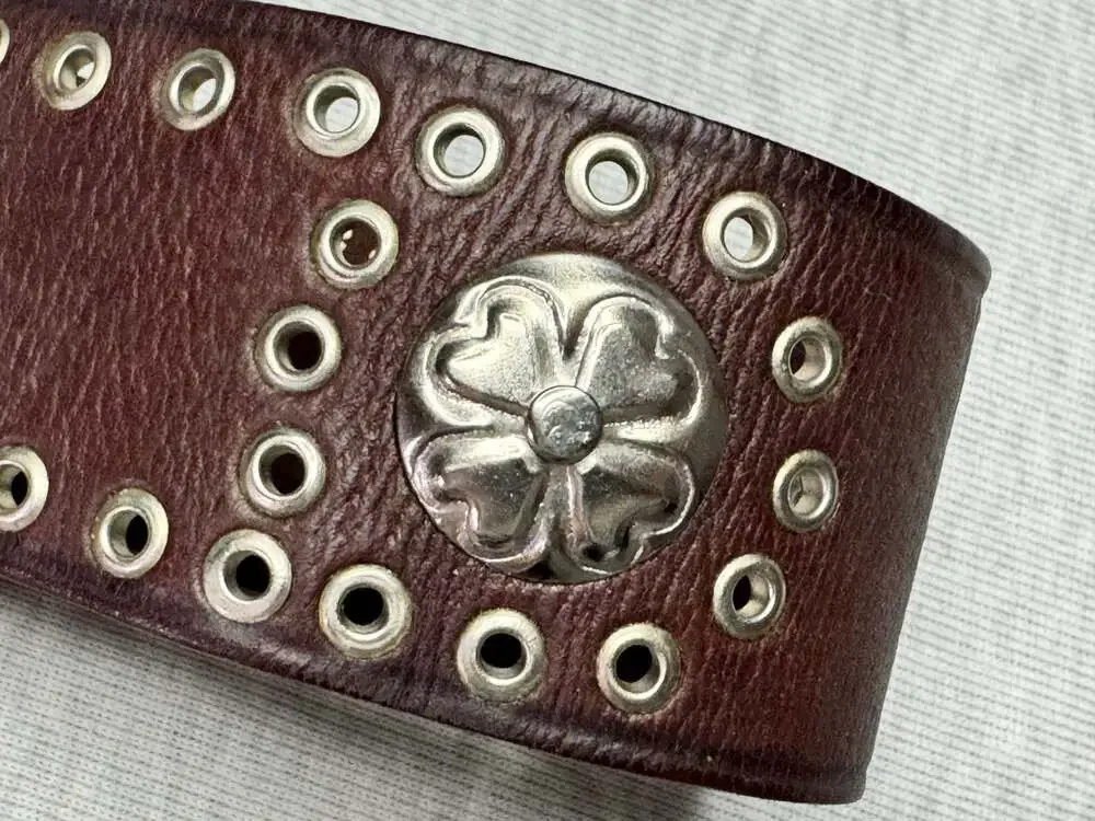 Motif 56 Brown Genuine Leather Clover Embellished Studded Belt